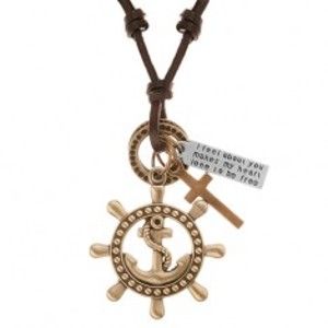 Šperky eshop - Kožený náhrdelník hnedej farby, prívesky - kormidlo s kotvou, kríž, známka Y37.13