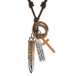 Šperky eshop - Kožený náhrdelník hnedej farby, prívesky - nábojnica, kríž, známka a obruče Y37.19