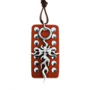 Šperky eshop - Kožený náhrdelník, nastaviteľný - hnedá vybíjaná známka, Tribal kríž Z17.15