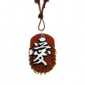 Šperky eshop - Kožený náhrdelník, prívesky - hnedý ovál s krúžkami a sivo-čierny čínsky znak Y36.11