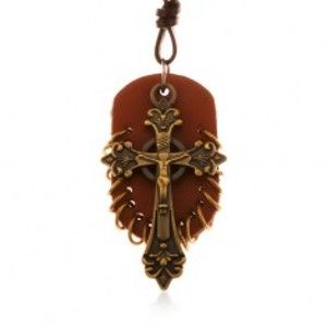 Šperky eshop - Kožený náhrdelník, prívesky - hnedý ovál s malými krúžkami a keltský kríž Z18.05