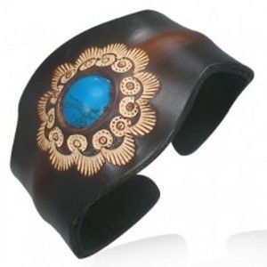 Šperky eshop - Kožený náramok - ohybný, slnečnica, tyrkysová gulička O11.2