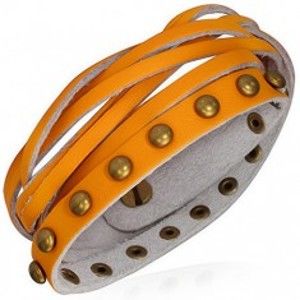 Šperky eshop - Kožený náramok - oranžové pásiky, zlaté polgule a pletenec AB22.11