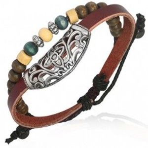 Šperky eshop - Kožený náramok - pás s kovovou ozdobou a šnúrka s korálkami AB15.17