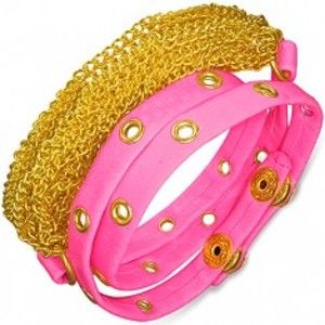 Šperky eshop - Kožený náramok - ružový pás s vybíjaním, retiazky zlatej farby AB21.13