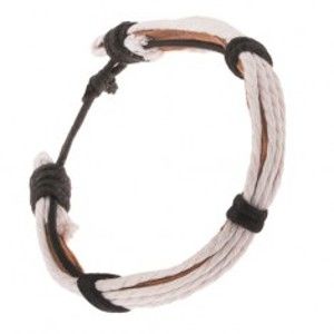 Šperky eshop - Kožený náramok - svetlohnedý pruh, biele a čierne šnúrky Q19.12