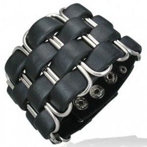 Šperky eshop - Kožený náramok - úzke pásiky, kovové spony, čierny U8.19