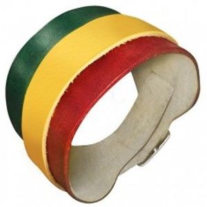 Šperky eshop - Kožený náramok - zeleno-žlto-červený pás, kovová pracka  AB23.01