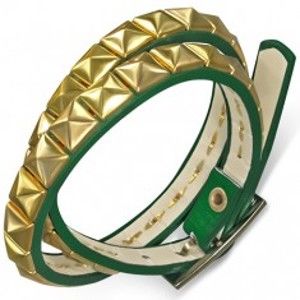Šperky eshop - Kožený náramok - zelený opasok, pyramídy zlatej farby AB21.16