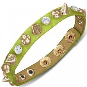 Šperky eshop - Kožený náramok - zelený prúžok s polguľami, špicami a zirkónmi AB22.19