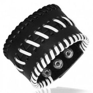 Šperky eshop - Kožený náramok - zošité pásy s krížikmi, čierny U13.5