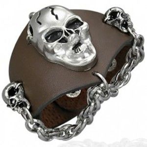 Šperky eshop - Kožený náramok - zúrivé lebky, retiazka, hnedý V3.17