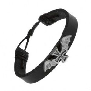 Šperky eshop - Kožený náramok čiernej farby, maltézsky kríž s netopierými krídlami Z02.03