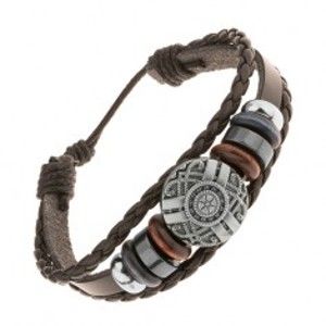 Šperky eshop - Kožený náramok, oceľové a drevené korálky, patinovaný kruh s ornamentami Y47.13