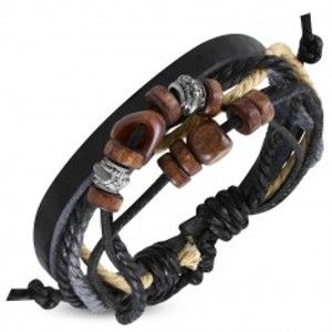 Šperky eshop - Kožený náramok so šnúrkami a drevenými korálkami S13.03