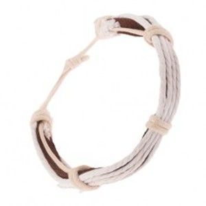 Šperky eshop - Kožený náramok, tmavohnedý pás a štyri biele šnúrky Q21.14