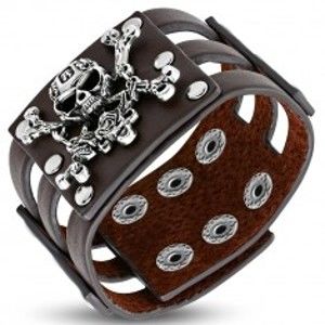 Šperky eshop - Kožený náramok v hnedom odtieni -  pirátska lebka, ruža, výrezy U3.15