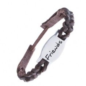 Šperky eshop - Kožený pletený náramok, známka z kovu, nápis "Friends" Z12.18
