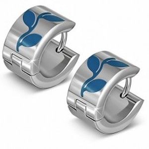 Šperky eshop - Kruhové náušnice striebornej farby z ocele, modré siluety listov AA35.27