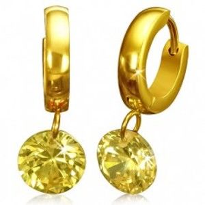 Šperky eshop - Kruhové náušnice zlatej farby, žltý brúsený kamienok S33.18