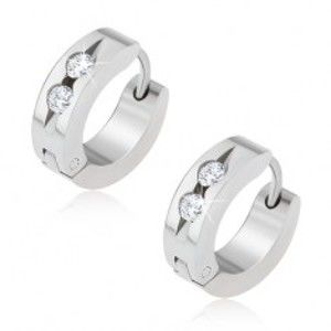Šperky eshop - Kruhové oceľové náušnice, žliabok s dvomi čírymi kamienkami S66.19