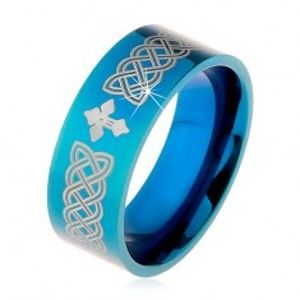Šperky eshop - Lesklá obrúčka z ocele 316L, modrá farba, keltské symboly a kríž, 8 mm M09.03 - Veľkosť: 65 mm