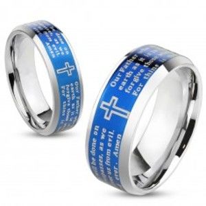 Šperky eshop - Lesklá obrúčka z ocele 316L, modrý pás s krížom a modlitbou, 8 mm M02.03 - Veľkosť: 60 mm