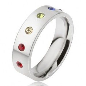 Šperky eshop - Lesklá oceľová obrúčka, šesť farebných okrúhlych kamienkov BB14.12 - Veľkosť: 54 mm