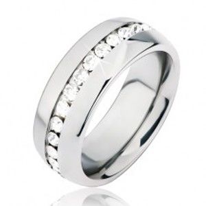 Šperky eshop - Lesklá oceľová obrúčka striebornej farby, stredový výrez s čírymi kamienkami BB6.11 - Veľkosť: 57 mm