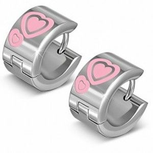 Šperky eshop - Lesklé kruhové náušnice z ocele s ružovými srdciami S20.27