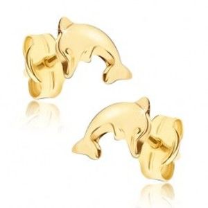 Šperky eshop - Lesklé náušnice v žltom 14K zlate - prehnuté telo delfína vo výskoku  GG15.02