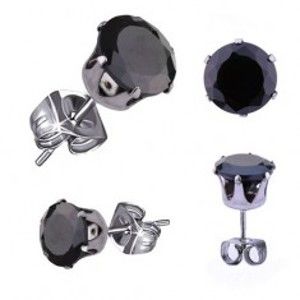 Šperky eshop - Lesklé oceľové náušnice, okrúhly zirkón v čiernej farbe, 9 mm S55.12