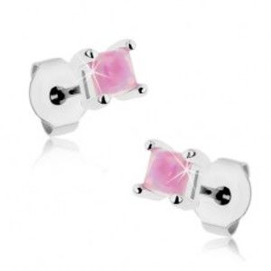 Šperky eshop - Lesklé oceľové náušnice, ružový syntetický opál - štvorček, 3 mm S57.12