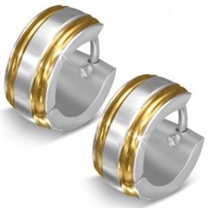 Šperky eshop - Lesklé oceľové náušnice, strieborná farba, okraje v zlatom odtieni, zárezy U19.01