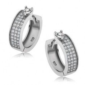Šperky eshop - Lesklé okrúhle náušnice zo striebra 925, zirkónové srdce, pás čírych zirkónikov SP54.30