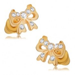 Šperky eshop - Lesklé puzetové náušnice zlatej farby, mašle s kamienkami S12.09