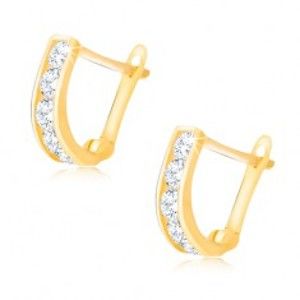 Šperky eshop - Lesklé zlaté náušnice 585 - vertikálny pás čírych okrúhlych zirkónov  GG12.35
