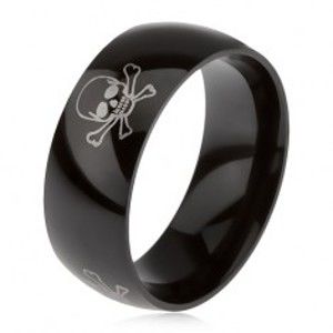 Šperky eshop - Lesklý čierny prsteň z ocele 316L, oceľovosivá potlač, lebky s prekríženými hnátmi U6.1 - Veľkosť: 62 mm