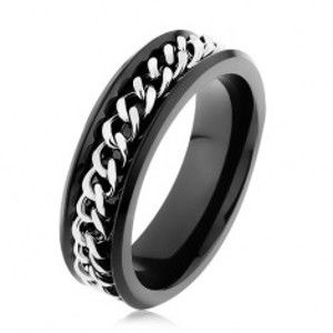Šperky eshop - Lesklý čierny prsteň z ocele 316L, retiazka v striebornom odtieni HH9.15 - Veľkosť: 69 mm