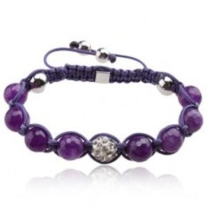 Šperky eshop - Lesklý fialový Shamballa náramok, gulička s čírymi kamienkami Q18.20