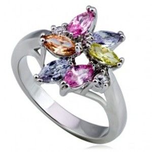 Šperky eshop - Lesklý kovový prsteň - kvet, farebné slzičkové a okrúhle zirkóny L9.04 - Veľkosť: 51 mm
