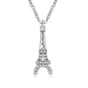 Šperky eshop - Lesklý náhrdelník s príveskom Eiffelovej veže, číre kamienky S72.11
