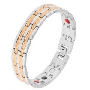 Šperky eshop - Magnetický oceľový náramok, články striebornej a zlatej farby, farebné guľôčky SP33.03