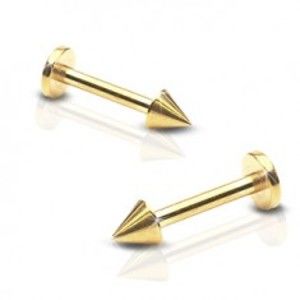 Šperky eshop - Lesklý oceľový piercing do brady - labret s hrotom, zlatá farba PC21.20 - Rozmer: 1,6 mm x 10 mm