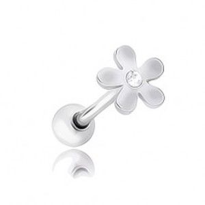 Šperky eshop - Lesklý oceľový piercing do jazyka, kvet s čírym zirkónom PC09.03