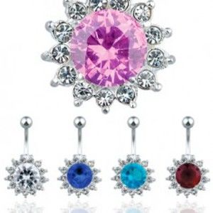Šperky eshop - Lesklý oceľový piercing do pupku - farebný zirkónový kvet AA8.30 - Farba zirkónu: Ružová - P