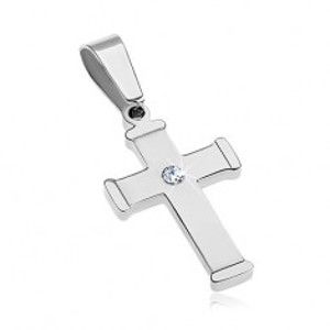 Šperky eshop - Lesklý oceľový prívesok striebornej farby, barličkový kríž s čírym zirkónom AA34.02
