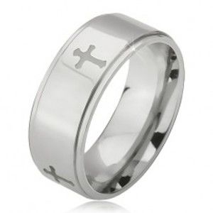 Šperky eshop - Lesklý oceľový prsteň - obrúčka striebornej farby, vyrytý matný kríž, znížený okraj BB10.02 - Veľkosť: 68 mm
