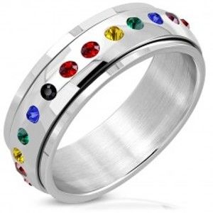 Šperky eshop - Lesklý oceľový prsteň - otáčavý stred, zirkóny vo farbách dúhy D5.10 - Veľkosť: 59 mm