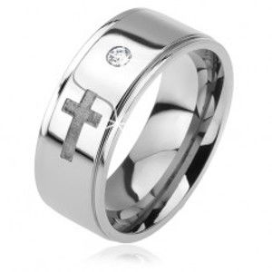 Šperky eshop - Lesklý oceľový prsteň - vystúpený pás, zirkón, vyrytý matný kríž BB10.06 - Veľkosť: 65 mm